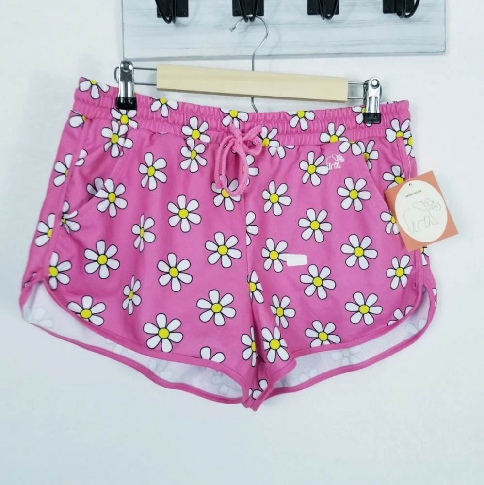 Ivory Ella Large Barbiecore Shorts Neon Pink Daisy Flowers Joggers Barbiecore